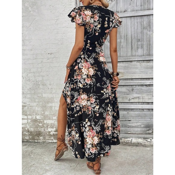 short sleeve high low Floral Print Ruffle Hem midi Dress - Picture 4 of 11